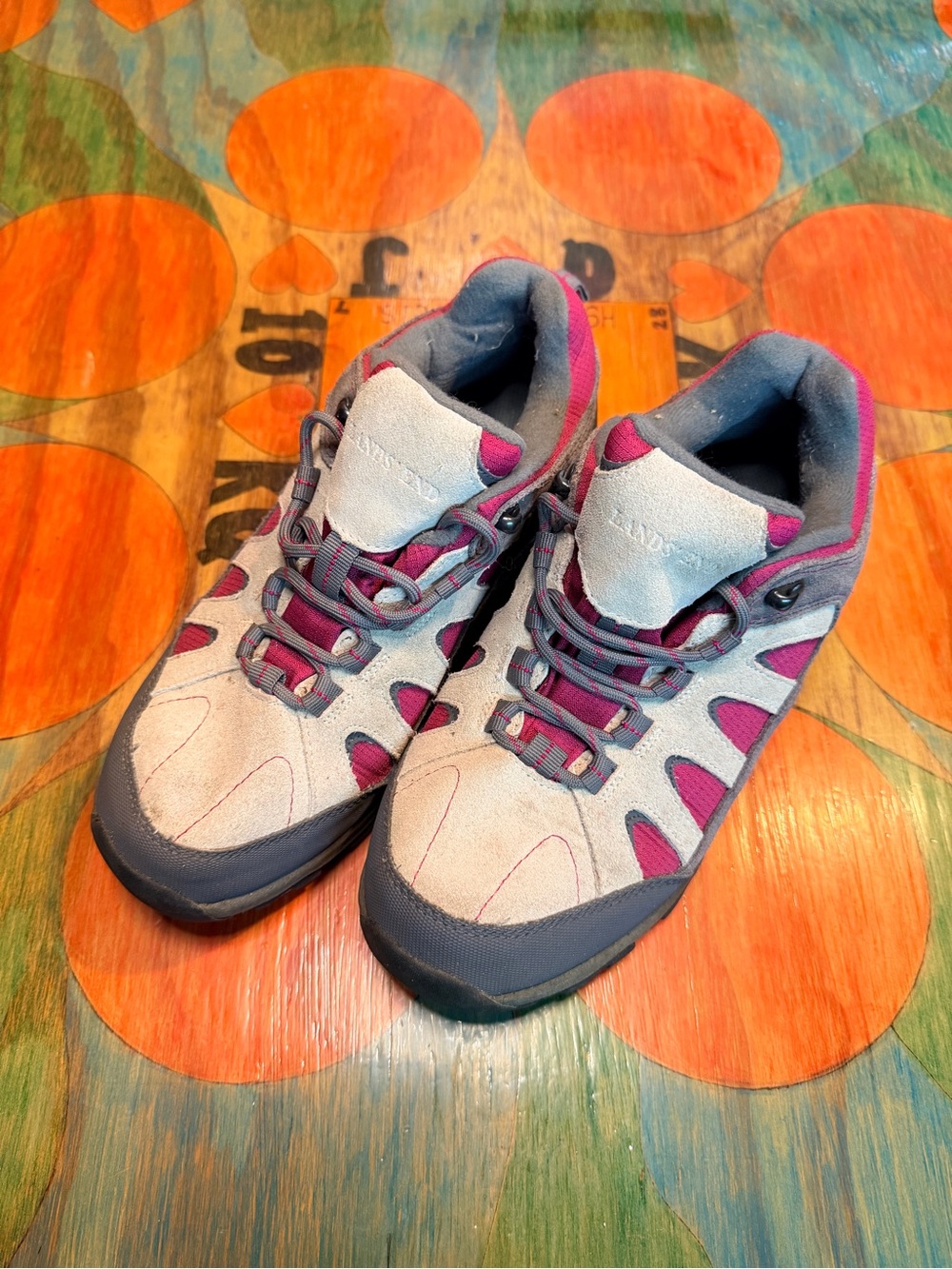 Lands End Womens Hiking Boots Gray Fuchsia Ankle 10B  Suede Lace Up Leather Cush